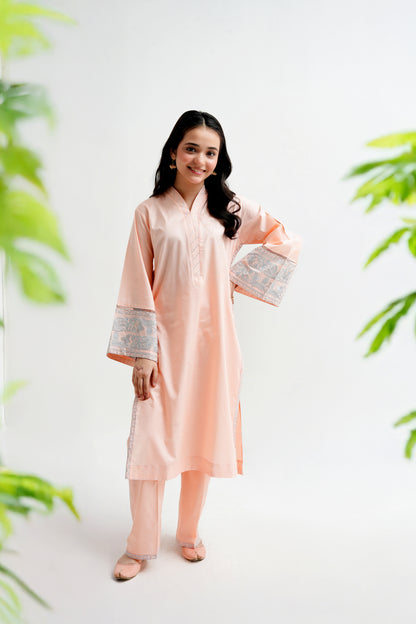 2 PIECE EMRODERED LAWN SUIT PEACH KV-2023