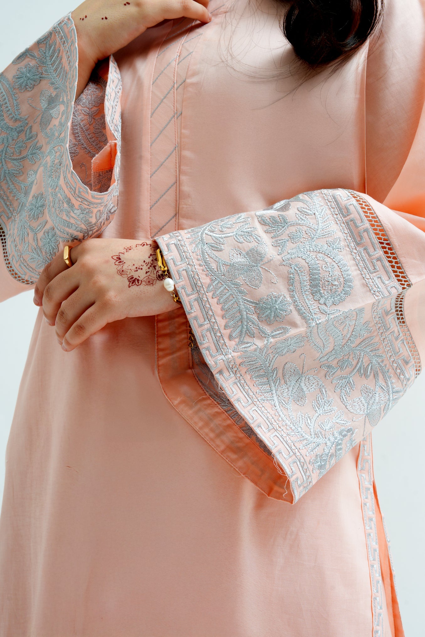 2 PIECE EMRODERED LAWN SUIT PEACH KV-2023