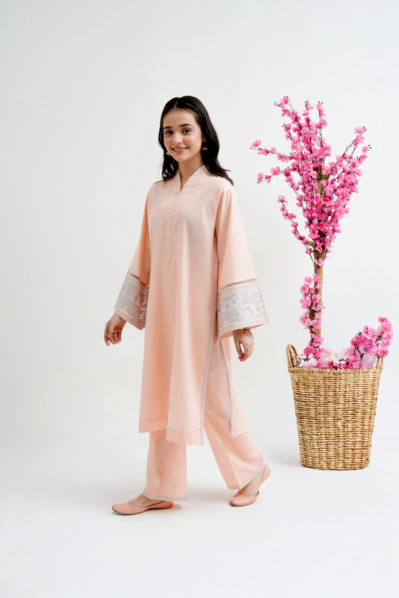 2 PIECE EMRODERED LAWN SUIT PEACH KV-2023