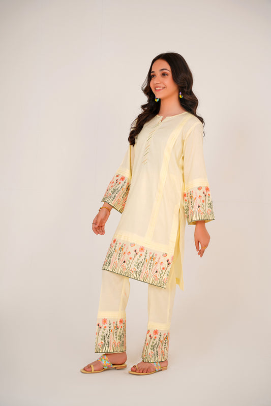 2 PIECE EMBROIDERED LAWN SUIT SINGLE BORDER LEMON 2104