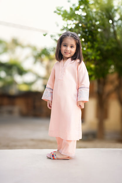 2 PIECE EMRODERED LAWN SUIT PEACH KV-2023